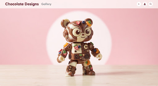 A playful character chocolate figure on a strawberry-pink background.