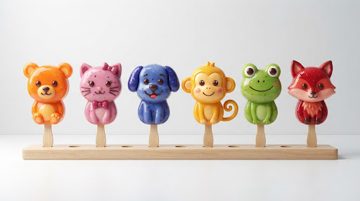 A colorful lineup of glossy cartoon character ice pops.